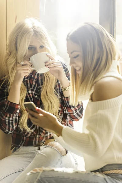 Duas meninas se divertindo enquanto bebem café — Fotografia de Stock