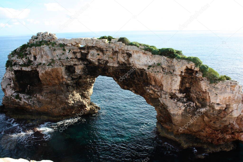 Island scenery, beach, beautiful bay seaside, Balearic Islands, Mallorca, Spain, Mediterranean Sea.