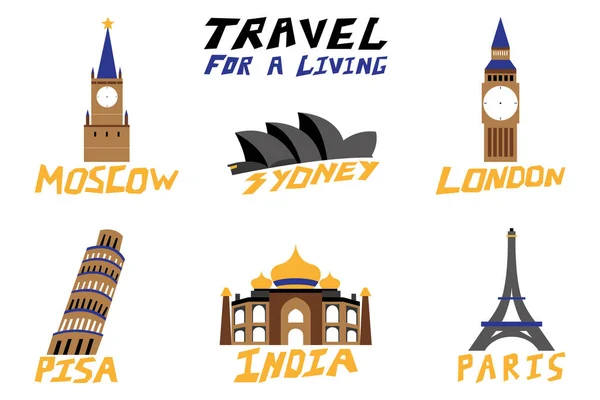 Küresel turizm merkezleri için bir dizi ikon. Londra, İngiltere, İtalya, Paris, Fransa, Sydney, Avustralya, Hindistan, Moskova ve Rusya 'nın sembol ve cazibelerini içerir. İzole edilmiş beyaz arkaplanda vektör illüstrasyonu.