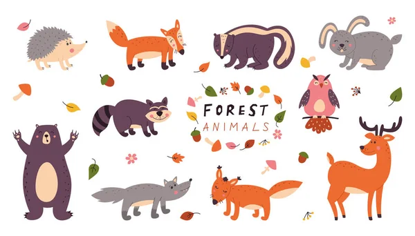 Set Cute Forest Animals White Isolated Background Children Vector Illustrations — Stock Photo, Image