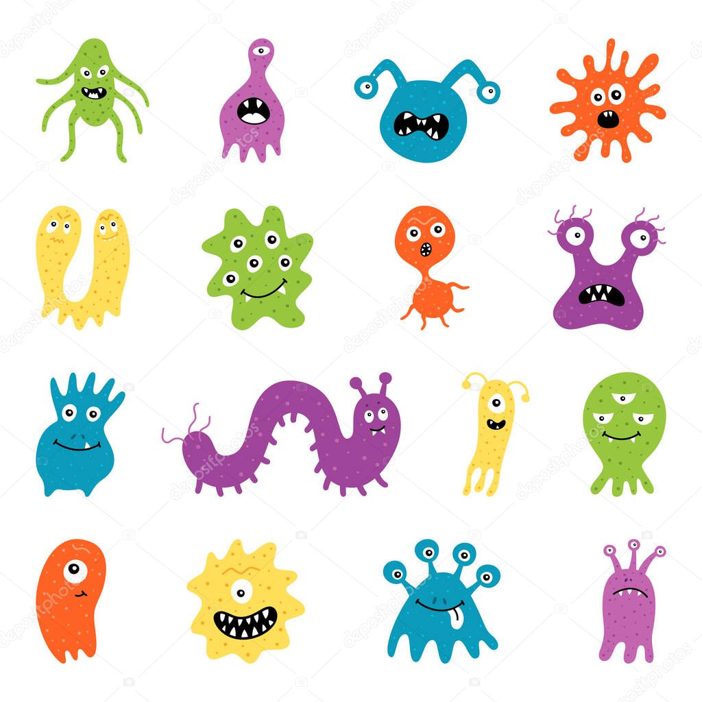 Cute Germ Characters Collection Set, Bacteria, Virus, Microbe Pathogen