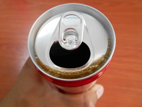 Carbonate Drink Can Has Been Opened Consumed Residual Drink Mouth — Stock Photo, Image