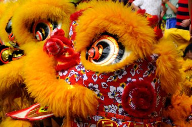 SEREMBAN, MALAYSIA - 2 Şubat 2017: Çin aslan maskesi veya aslan kafası Çin Yeni Yıl Festivali sırasında Seremban, Malezya 'da aslan dansı yaptı. Güzel & Renkli. 