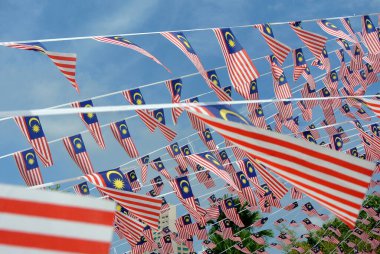 SELANGOR, MALAYSIA -31 AĞUSTOS 2017: Seçici odaklı küçük boy Malezya bayrağı rüzgarlı havada büyük miktarlarda. 