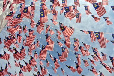 SELANGOR, MALAYSIA -31 AĞUSTOS 2017: Seçici odaklı küçük boy Malezya bayrağı rüzgarlı havada büyük miktarlarda. 