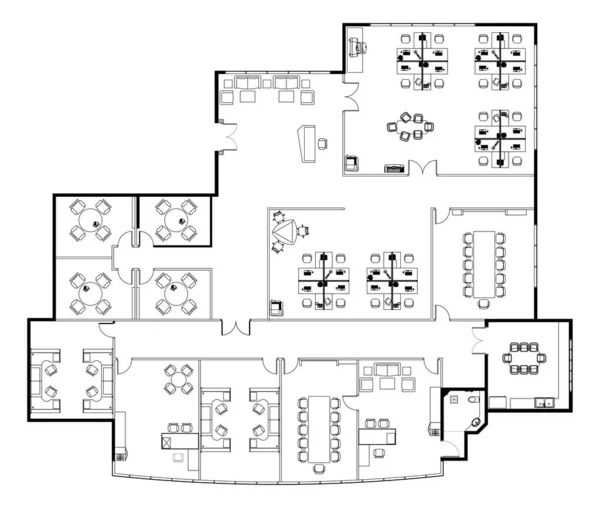 Ofis çizimi, ofis mobilyalarının 2D CAD çizimiyle tamamlanmış. Beyazlı siyah çizim. 