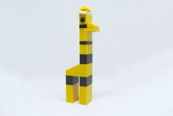 Forma Uma Girafa Feita Tijolos Brinquedo Plástico Colorido Isolado Fundo — Fotografia de Stock