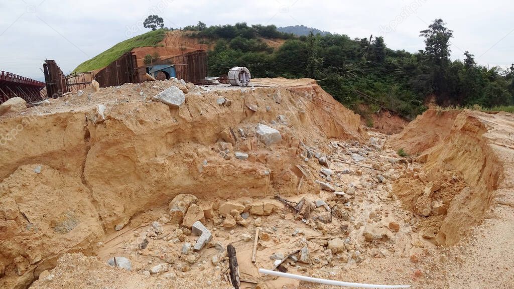 Landslide because of heavy rain. The landslides destroy the underground utility pipes and some man build structures. 