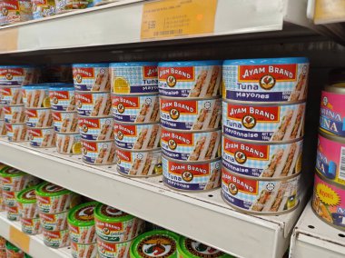 SEREMBAN, MALAYSIA -OCTOBER 5, 2020: Metal kutuda ton balığı filetosuna odaklanmış ve süpermarketteki raflarda satışa sunulmuştur. Değişik tat ve tatları var.. 