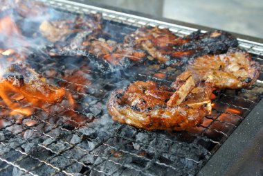 Baharatlı marine edilmiş koyun eti, ızgara ve tütsülenmiş, kontrollü kömür ateşiyle..