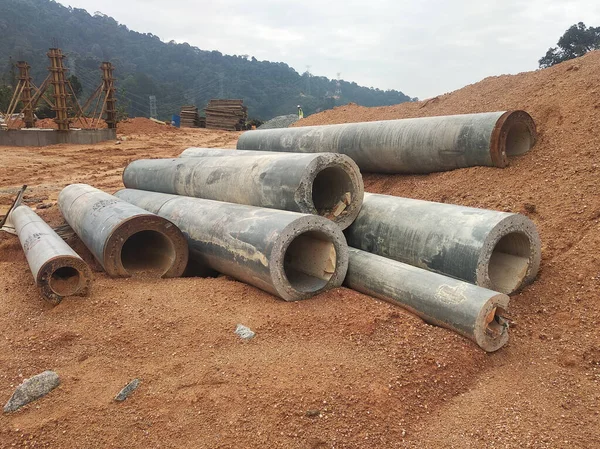 IPOH, MALAYSIA -MARCH 03, 2020:  Bore pile materials made from strong precast concrete designed by the engineers. It will be driven into the soil as the foundation and will be tied by pile caps.