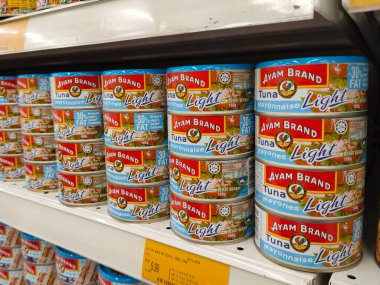PenANG, MALAYSIA -HAZİRAN 5 Haziran 2020: Metal kutuda ton balığı filetosu seçildi ve süpermarketteki raflarda satışa sunuldu. Değişik tat ve tatları var.. 