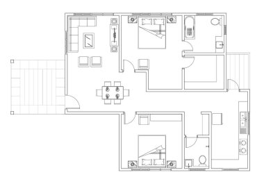 Çift yatak odalı, banyo, balkon, mobilya, mutfak ve oturma odası olan 2D CAD ev planı çizimi. Siyah beyaz çizim. 