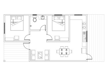 Çift yatak odalı, banyo, balkon, mobilya, mutfak ve oturma odası olan 2D CAD ev planı çizimi. Siyah beyaz çizim. 
