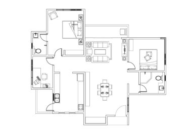 Çift yatak odalı, banyo, balkon, mobilya, mutfak ve oturma odası olan 2D CAD ev planı çizimi. Siyah beyaz çizim. 