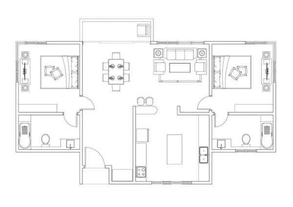 Cad Huis Lay Out Tekening Met Een Slaapkamer Met Tweepersoonsbed — Stockfoto