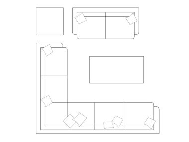 2D CAD planı, sehpa ile birlikte çeşitli boyutlarda ve koltuk tasarımları çiziyor. Çizimler siyah beyaz geliyor. Çizim normalde bir mimar ya da iç mimar tarafından çizilir.. 