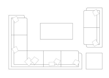 2D CAD planı, sehpa ile birlikte çeşitli boyutlarda ve koltuk tasarımları çiziyor. Çizimler siyah beyaz geliyor. Çizim normalde bir mimar ya da iç mimar tarafından çizilir.. 