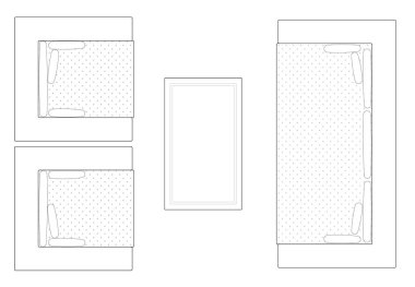 2D CAD planı, sehpa ile birlikte çeşitli boyutlarda ve koltuk tasarımları çiziyor. Çizimler siyah beyaz geliyor. Çizim normalde bir mimar ya da iç mimar tarafından çizilir.. 