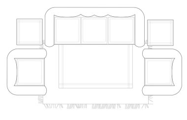 2D CAD planı, sehpa ile birlikte çeşitli boyutlarda ve koltuk tasarımları çiziyor. Çizimler siyah beyaz geliyor. Çizim normalde bir mimar ya da iç mimar tarafından çizilir.. 