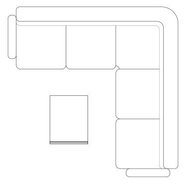 2D CAD planı, sehpa ile birlikte çeşitli boyutlarda ve koltuk tasarımları çiziyor. Çizimler siyah beyaz geliyor. Çizim normalde bir mimar ya da iç mimar tarafından çizilir.. 