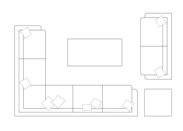 二维Cad平面图绘制各种尺寸和设计的沙发集合与咖啡桌 图画是黑白相间的 图纸通常由建筑师或室内设计人员绘制 — 图库照片