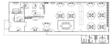 Ofis planı 2D CAD çizimi ile ofis mobilyalarının çizimi tamamlandı. Siyahla beyazla çizim yapılıyor. Toplantı odası, ofis, tartışma odası, tuvalet gibi çeşitli alanlar sunulmaktadır.. 