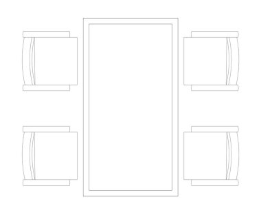 2D CAD planı çeşitli boyutlarda yemek masası ve tartışma masası tasarımları ve sandalyeler ile tamamlandı. Çizimler siyah beyaz geliyor. Çizim normalde bir mimar ya da iç mimar tarafından çizilir.. 
