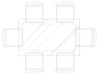 2D CAD planı çeşitli boyutlarda yemek masası ve tartışma masası tasarımları ve sandalyeler ile tamamlandı. Çizimler siyah beyaz geliyor. Çizim normalde bir mimar ya da iç mimar tarafından çizilir.. 