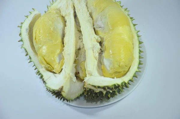 Malacca Malasia Julio 2016 Montón Fruta Duriana Sobre Mesa Lista —  Fotos de Stock