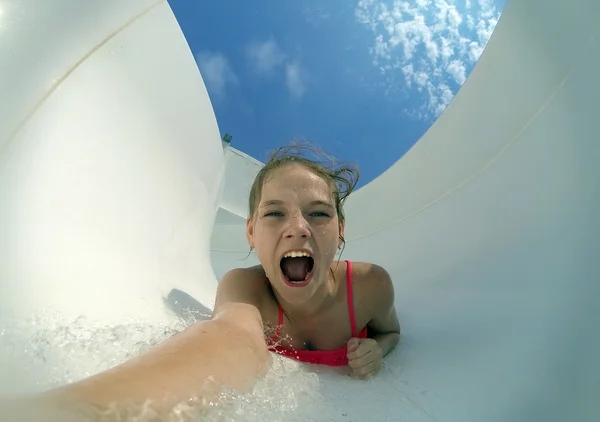 Extreme selfie of girl in the water flow — Stock Photo, Image