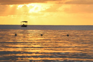 Altın okyanus gün batımında bir tekne siluetiyle.