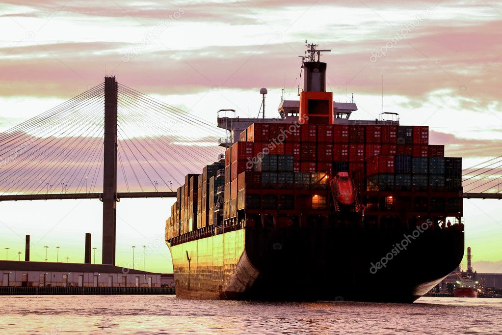 Big merchant ship heading to port on the Savannah River, USA.