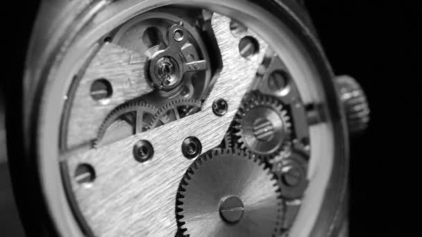 Mecanismo dentro de un viejo reloj. Blanco y negro . — Vídeo de stock