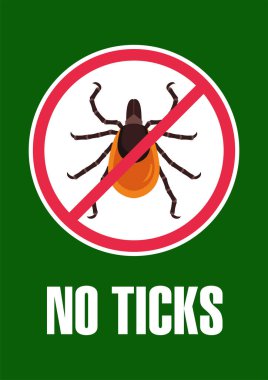 Kırmızı çizgili bir kene. Hazır reklam: kene yok. Güvenlik bilgileri, kene yok, bölge incelendi. Vektör illüstrasyonu