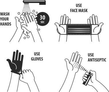 Coronavirus önleme rozetleri koronavirüse karşı başlıca koruyucu önlemlerdir. Simgeler, viral hastalıklarla mücadele için tavsiyeler ve tavsiyeler. Vektör çizimi. Düz bilgi grafikleri.