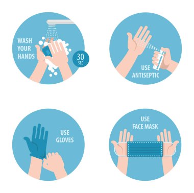 Coronavirus önleme rozetleri koronavirüse karşı başlıca koruyucu önlemlerdir. Simgeler, viral hastalıklarla mücadele için tavsiyeler ve tavsiyeler. Vektör çizimi. Düz bilgi grafikleri.