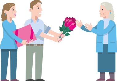 Oğlu ve kızı yaşlı bir anneye bir buket lale verip anneler gününde annesini tebrik ediyor, mutlu yıllar. Düz vektör grafikleri.