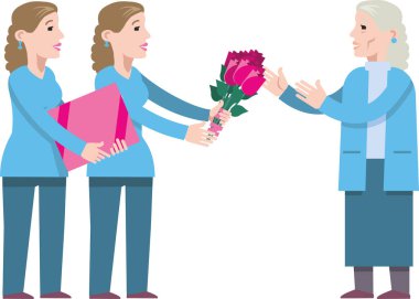 İkiz kardeşler yaşlı bir anneye bir buket lale verir. Annesini anneler gününde tebrik eder. Mutlu yıllar. Düz vektör grafikleri.