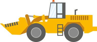 İnşaat makineleri: Beyaz zemin üzerinde sarı buldozer izole edilmiş. Bir inşaat alanında bir traktör kazıcısının işi, bir taş ocağında. Düz bilgi grafikleri. Vektör illüstrasyonu.