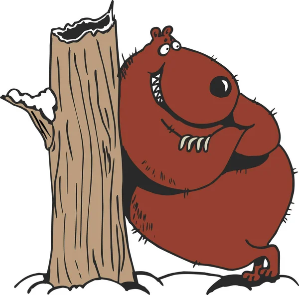 那只棕熊笑着穿过爪子 站在树桩旁 一只棕熊倚在一棵锯成的树上 保护森林的入口 卡通风格的矢量图解 — 图库矢量图片