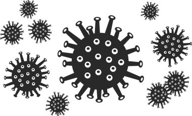 Beyaz arkaplanda siyah beyaz renkli Coronavirus ikonu var. Coronavirus bakteri hücre ikonu. Düz bilgi grafikleri. Vektör illüstrasyonu