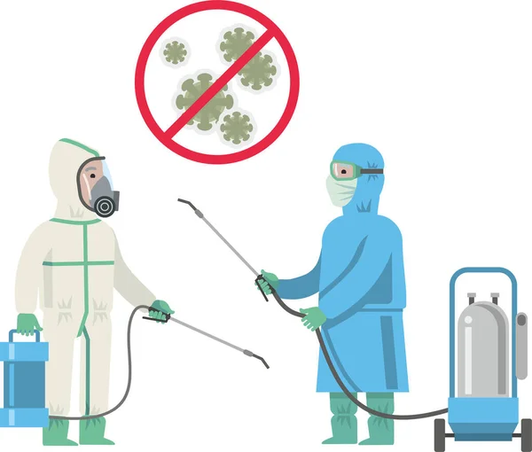 Een Desinfector Een Beschermend Pak Een Masker Met Desinfectiemateriaal Spuit — Stockvector