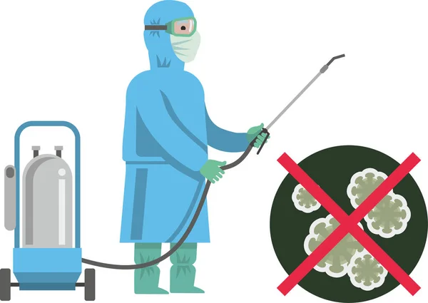 Een Desinfector Een Beschermend Pak Een Masker Met Desinfectiemateriaal Spuit — Stockvector