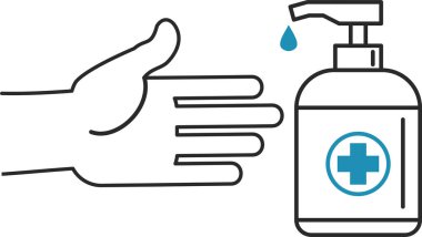 El dezenfektanı şişesi, kişisel koruyucu ekipman, virüsleri önlemek için dezenfektan spreyi, koronavirüs. El antiseptik şişesine uzanıyor. Vektör düz bilgi grafikleri çizimi