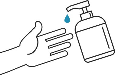 El dezenfektanı şişesi, kişisel koruyucu ekipman, virüsleri önlemek için dezenfektan spreyi, koronavirüs. El antiseptik şişesine uzanıyor. Vektör düz bilgi grafikleri çizimi