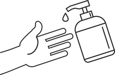 El dezenfektanı şişesi, kişisel koruyucu ekipman, virüsleri önlemek için dezenfektan spreyi, koronavirüs. El antiseptik şişesine uzanıyor. Vektör düz bilgi grafikleri çizimi