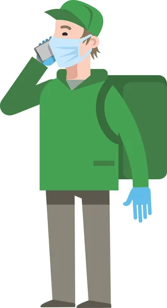 食料の配達 緑の服と帽子 マスクを携帯電話で話している男 荷物を背負った配達人 コロナウイルスの配達中に ベクトルイラスト フラットインフォグラフィック — ストックベクタ