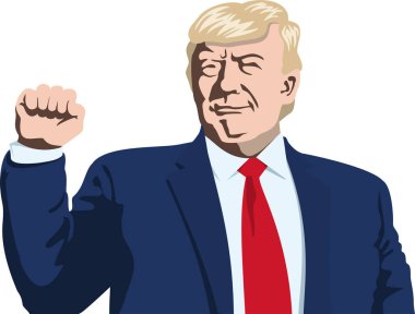 Donald Trump 'ın kırmızı kravatlı portresi. Başkan elini kaldırdı ve yumruğunu sıktı. Vektör çizimi. Düz bilgi grafikleri.