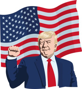 Amerikan bayrağının arka planında kırmızı kravatlı Donald Trump 'ın portresi. Başkan elini kaldırdı ve yumruğunu sıktı. Vektör çizimi. Düz bilgi grafikleri.
